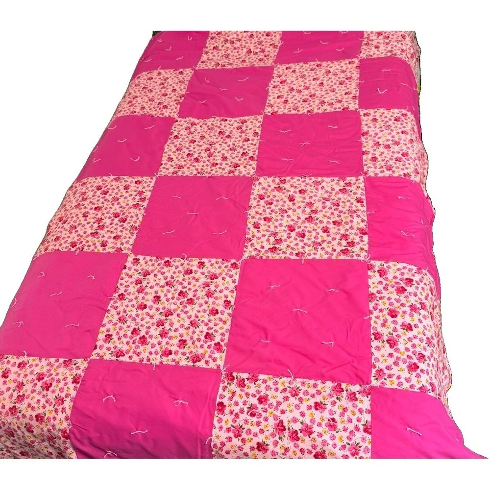 Handmade Quilt 69 By 45 Pink & Floral Retro New Cottage Grandmacore Blanket